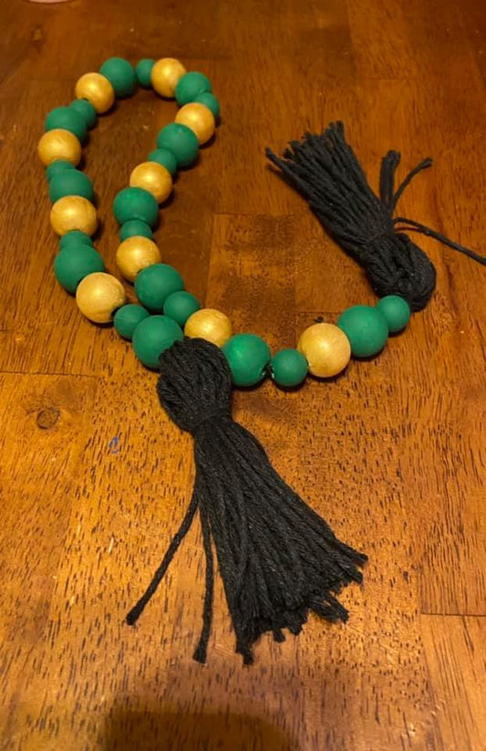 GREEN, GOLD & BLACK HAND PAINTED WOODEN BEAD GARLAND