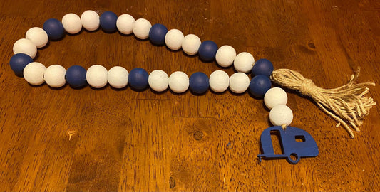 BLUE & WHITE CAMPER HAND PAINTED WOODEN BEAD GARLAND