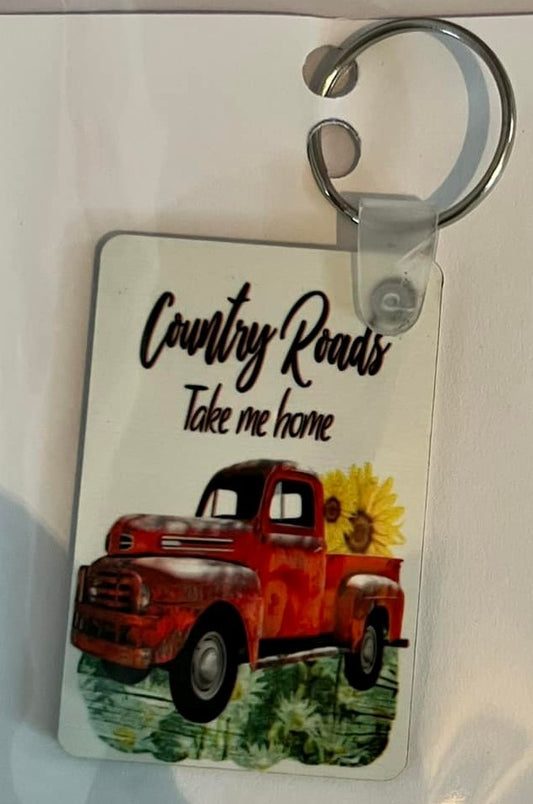 COUNTRY ROADS TAKE ME HOME RED TRUCK KEYCHAIN