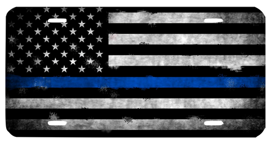 DISTRESSED AMERICAN FLAG THIN BLUE LINE POLICE FLAG LICENSE PLATE
