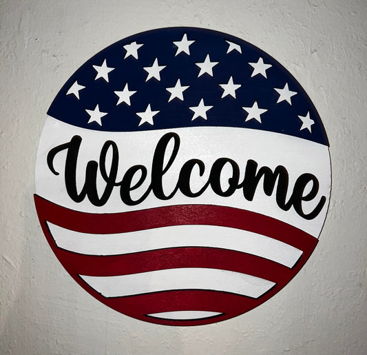 AMERICAN FLAG WELCOME ROUND WALL DECOR