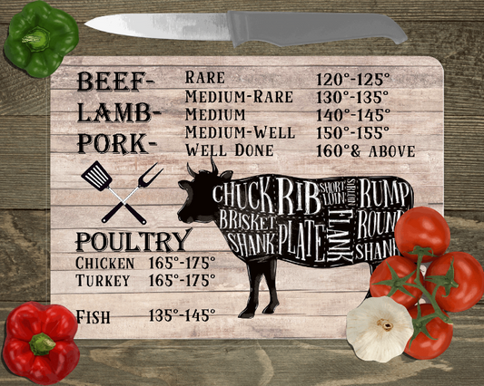 COW MEAT TEMPS GLASS CUTTING BOARD