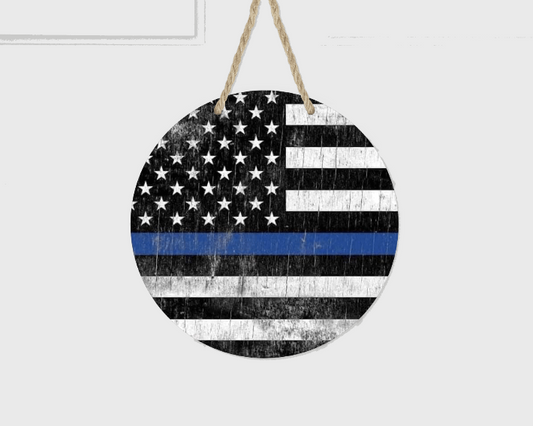 AMERICANA THIN BLUE LINE POLICE FLAG 7X7 ROUND DOOR HANGER